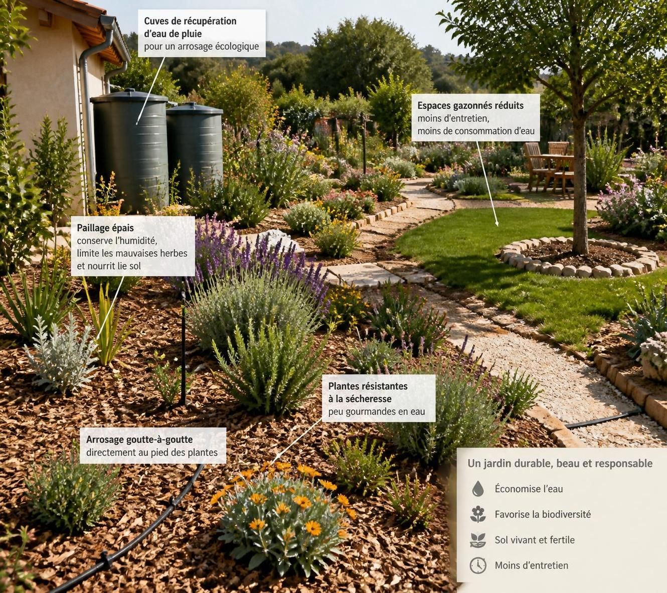 découvrez des astuces efficaces pour réduire la consommation d’eau dans un grand jardin tout en maintenant une végétation saine et luxuriante.